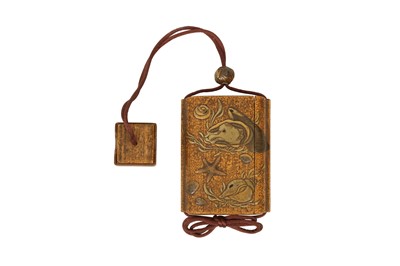 Lot 459 - A LACQUERED BAMBOO INRO AND NETSUKE.