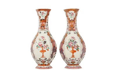 Lot 110 - A PAIR OF CHINESE MANDARIN PALETTE HEXAGONAL-SECTION VASES.