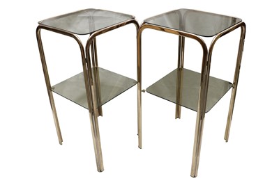 Lot 469 - A PAIR OF POLISHED BRASS TWO TIER OCCASIONAL TABLES, CONTEMPORARY