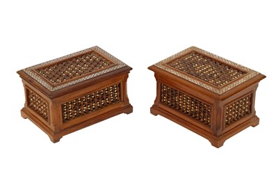 Lot 721 - λ A PAIR OF MOTHER-OF-PEARL AND BONE-INLAID MASHRABIYA-STYLE BOXES