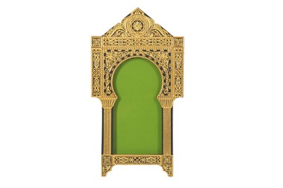 Lot 640 - A MINIATURE GOLD-DAMASCENED STEEL TOLEDO-WARE PHOTO FRAME