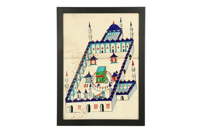 Lot 612 - AN OTTOMAN POTTERY TILE WITH AN AERIAL VIEW OF KAABA AND THE MASJID AL-HARAM COMPLEX IN MECCA