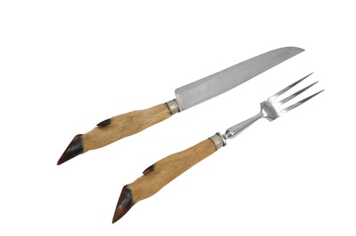 Lot 163 - TAXIDERMY: ROE DEER HOOF HANDLED CUTLERY PAIR, MID 20TH CENTURY