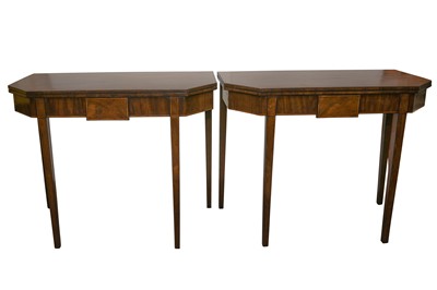 Lot 207 - A PAIR OF LATE 19TH CENTURY SHERATON STYLE BOXWOOD AND EBONY STRUNG MAHOGANY FOLD OVER TEA TABLES