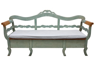 Lot 157 - A SWEDISH TURQUOISE PAINTED AND DISTRESSED PINE BENCH, 20TH CENTURY