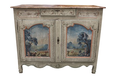 Lot 154 - A FRENCH PROVINCIAL PAINTED AND DISTRESSED CHESTNUT BUFFET OR SIDE CABINET, EARLY 19TH CENTURY