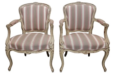 Lot 119 - A PAIR OF LOUIS XVI STYLE PAINTED AND DISTRESSED BEECH FAUTEUIL ARMCHAIRS, 19TH CENTURY