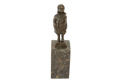 Lot 230 - A DECORATIVE BRONZE FIGURE OF A BOY IN A COAT
