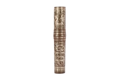 Lot 176 - A CHINESE BRONZE SILVER-INLAID FITTING.