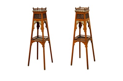 Lot 713 - λ A PAIR OF MOTHER-OF-PEARL AND BONE-INLAID HARDWOOD TIERED HIGH STANDS