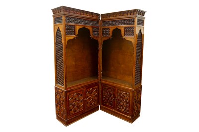 Lot 661 - TWO TALL ORIENTALIST MASHRABIYA-STYLE CORNER CABINETS