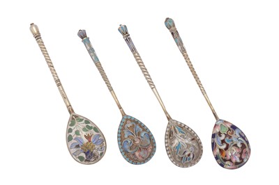 Lot 200 - Four Nicholas II late 19th / early 20th century Russian 84 zolotnik silver gilt and enamel coffee spoons