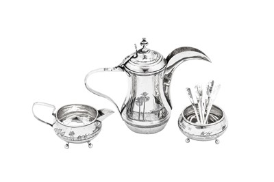 Lot 187 - An early 20th century Iraqi silver and niello three-piece coffee service, Omara circa 1927-29, signed Abed Al Jabbar