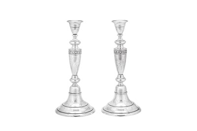 Lot 221 - A pair of large late 19th century Austrian 800 standard silver candlesticks, Vienna circa 1890 by Simon Marbach (active 1885-96)