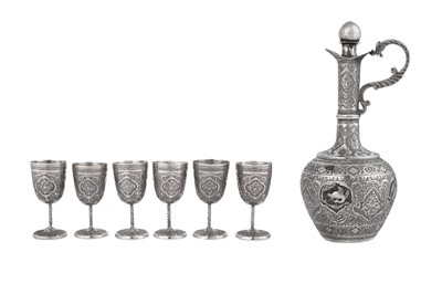 Lot 376 - SIX SMALL SILVER DRINKING CUPS AND A SILVER ENGRAVED EWER