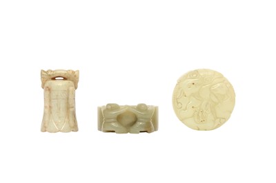 Lot 617 - THREE CHINESE PALE CELADON JADE CARVINGS.