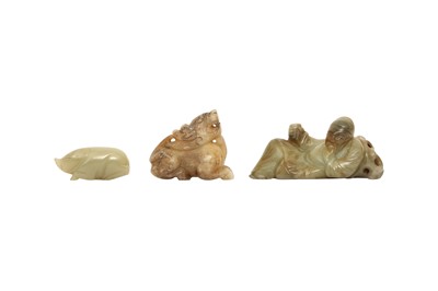 Lot 618 - THREE CHINESE PALE CELADON JADE CARVINGS.
