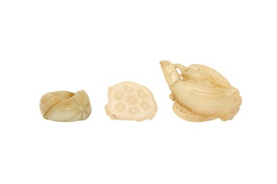 Lot 182 - THREE CHINESE PALE CELADON JADE CARVINGS.