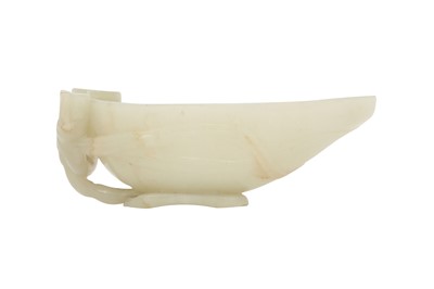 Lot 21 - A CHINESE PALE CELADON JADE 'LOTUS LEAF' POURING VESSEL.