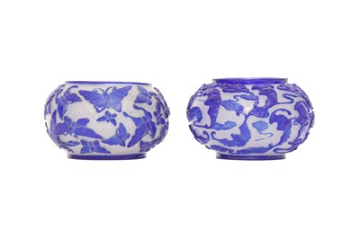 Lot 717 - TWO CHINESE PEKING GLASS BLUE OVERLAY WASHERS.