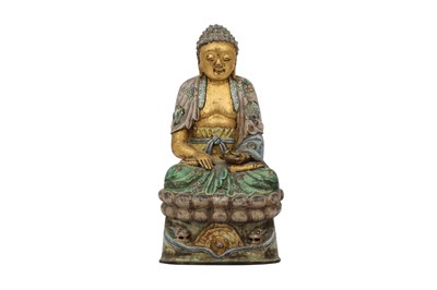 Lot 267 - A CHINESE ENAMELLED AND GILT-DECORATED FIGURE OF A BUDDHA.