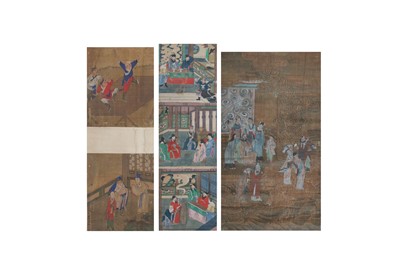 Lot 679 - THREE CHINESE NARRATIVE PAINTINGS.