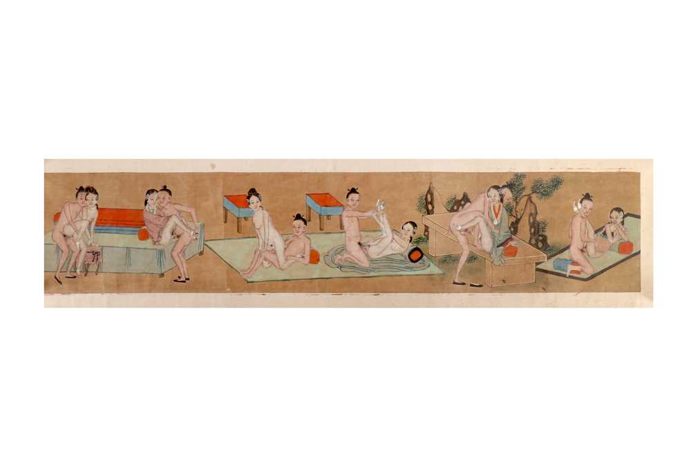 Lot 748 - A CHINESE EROTIC HANDSCROLL PAINTING.