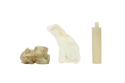 Lot 622 - THREE CHINESE PALE CELADON JADE CARVINGS.