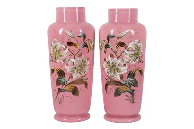 Lot 801 - A PAIR OF CONTINENTAL PINK OPALINE GLASS AND ENAMELLED VASES, 19TH CENTURY