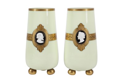 Lot 344 - A PAIR OF FRENCH CREAM OPALINE GLASS AND GILT VASES, 19TH CENTURY