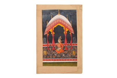 Lot 599 - A NIGHT SCENE: A VAISHNAVA RAJPUT PRINCE SITTING UNDER A PAVILION SURROUNDED BY CANDLELIGHT