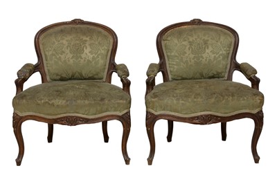 Lot 149 - A PAIR OF FRENCH LOUIS XV STYLE OAK FAUTEUIL ARMCHAIRS