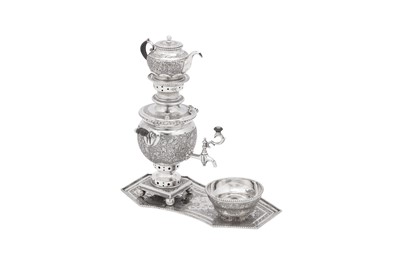 Lot 165 - A mid-20th century Iranian (Persian) silver small samovar set on stand, Isfahan circa 1950 mark of Abbas Parvaresh retailed by Jahrami