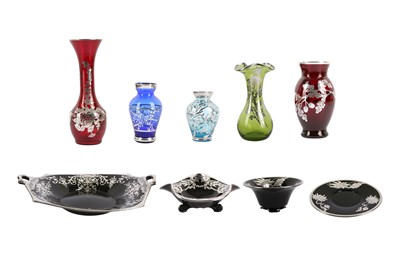 Lot 278 - A COLLECTION OF WHITE METAL OVERLAID COLOURED GLASSWARE