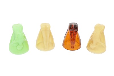 Lot 1084 - FOUR 'BOTTOMS UP' NOVELTY COLOURED GLASS BEAKERS