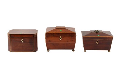 Lot 75 - A REGENCY YEW WOOD SARCOPHAGUS FORM TEA CADDY