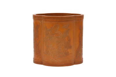 Lot 177 - A CHINESE BAMBOO VENEER 'LOTUS POND' BRUSH POT, BITONG
