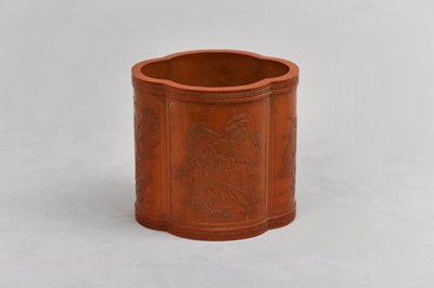 Lot 5 - A CHINESE BAMBOO VENEER 'LOTUS POND' BRUSH POT, BITONG.