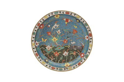Lot 213 - A CHINESE CLOISONNÉ ENAMEL 'LOTUS POND' DISH.
