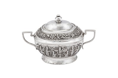 Lot 155 - An early 20th century Iranian (Persian) unmarked silver covered twin handled sugar bowl, Shiraz circa 1930