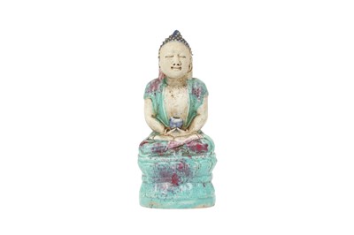 Lot 265 - A CHINESE ROBIN'S EGG-GLAZED FIGURE OF A BUDDHA.