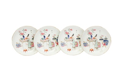 Lot 310 - A SET OF FOUR CHINESE FAMILLE ROSE 'LADY AND BOYS' SAUCER DISHES.