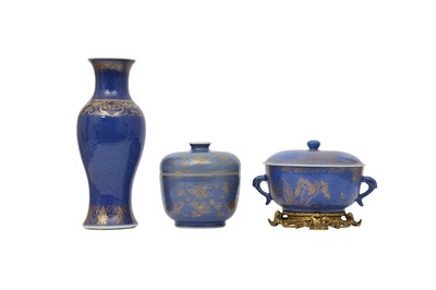 Lot 132 - THREE CHINESE POWDER-BLUE AND GILT-DECORATED PIECES.
