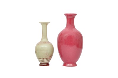 Lot 48 - A CHINESE PEACH BLOOM-GLAZED VASE AND A PINK-ENAMELLED VASE.