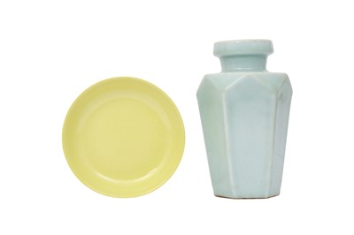 Lot 121 - A CHINESE YELLOW-GLAZED DISH AND A PALE BLUE VASE.