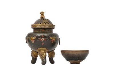 Lot 488 - A CHINESE JIAN TEA BOWL AND A CLOISONNÉ INCENSE BURNER AND COVER.