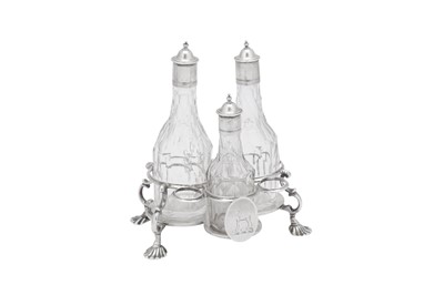 Lot 488 - A George III sterling silver three-bottle cruet, London 1766 by Robert Peaston