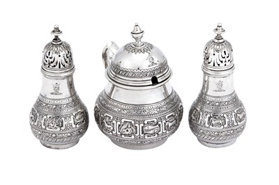 Lot 435 - A Victorian sterling silver three-piece cruet set, London 1864/65 by George Fox
