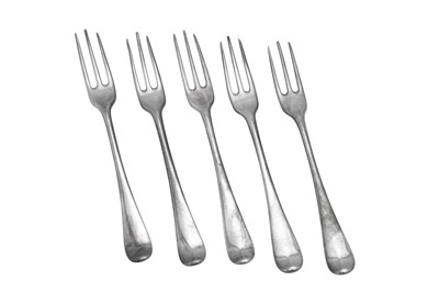 Lot 302 - A set of five George II sterling silver dessert forks, London 1753 by Ebenezer Coker