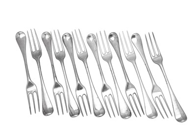 Lot 305 - A set of twelve George II sterling silver table forks, London 1754 by Ebenezer Coker